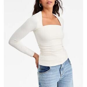 Bar III Women's Square-Neck Ruched Knit Top Crema Size S